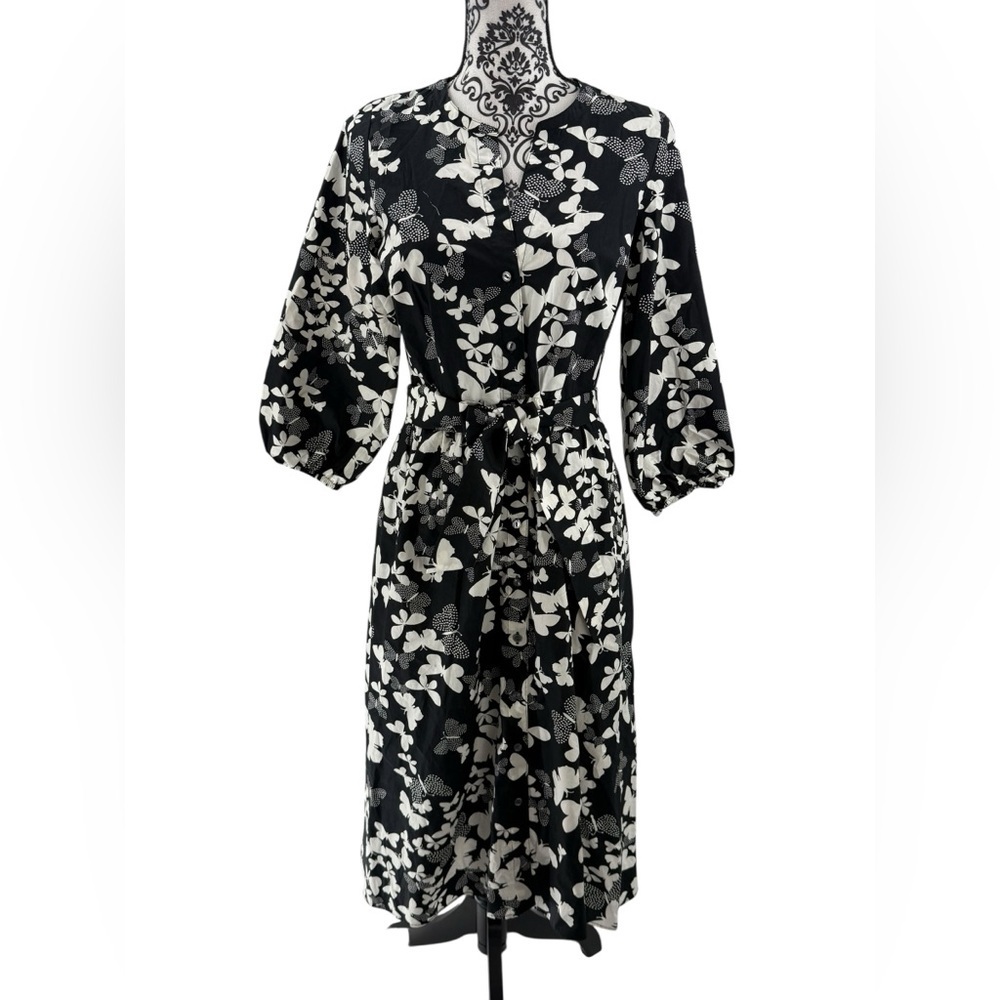 Talbots 100% Cotton Black White Butterfly Print Tie-Waist Shirt Dress NWT